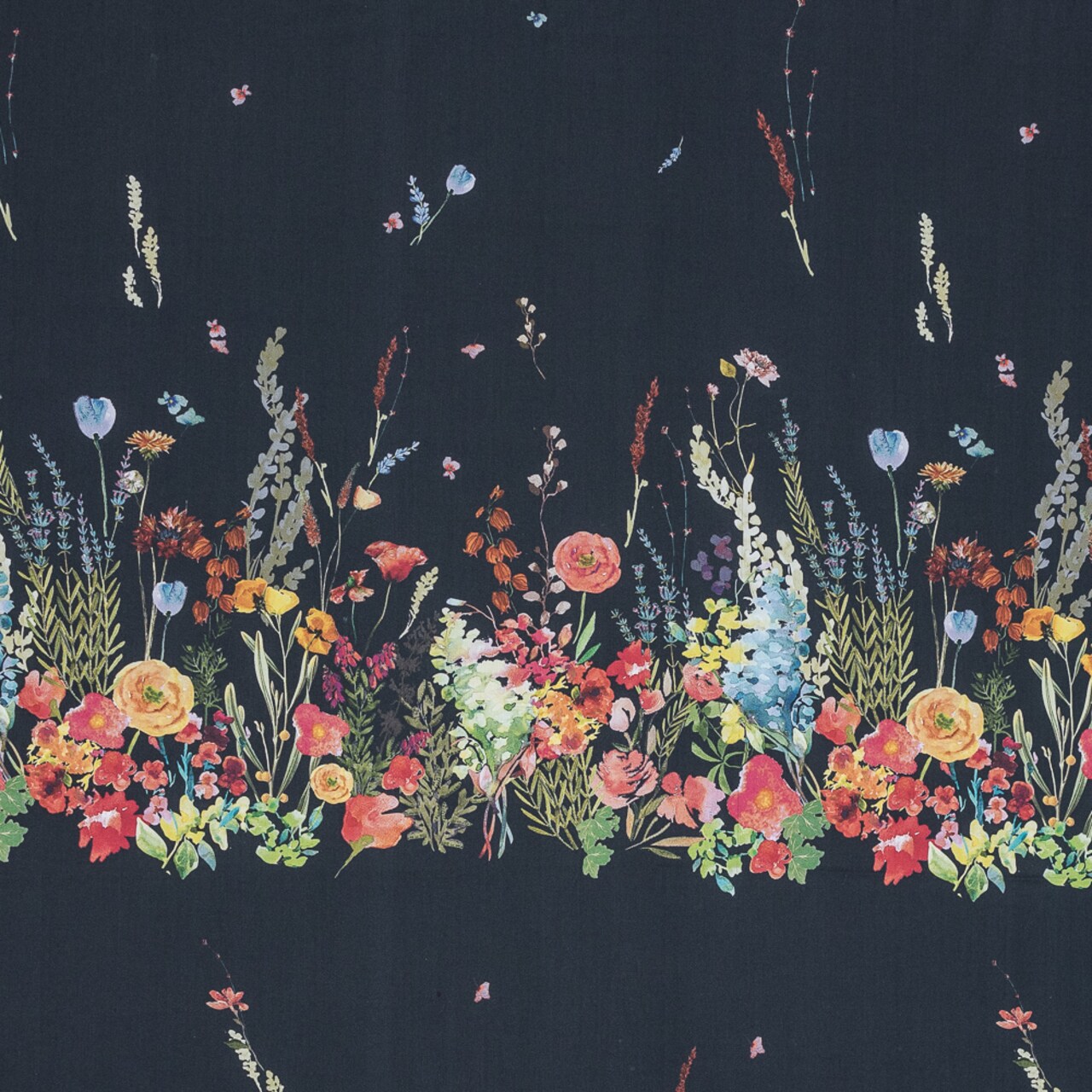 1 Panel Cotton Poplin Midnight Blue Floral Band Promenade au Pavot Print Fabric